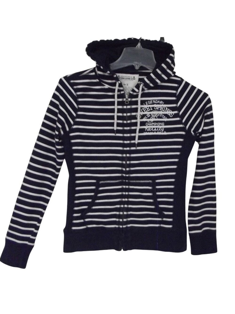 Lucky Brand Hoodie Womans Sz Small Navy Sweet Springs zip blue white striped